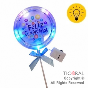 CAKE TOPPER FELIZ CUMPLEA�OS CIRCULO MO�O CELESTE CON LUZ X 1